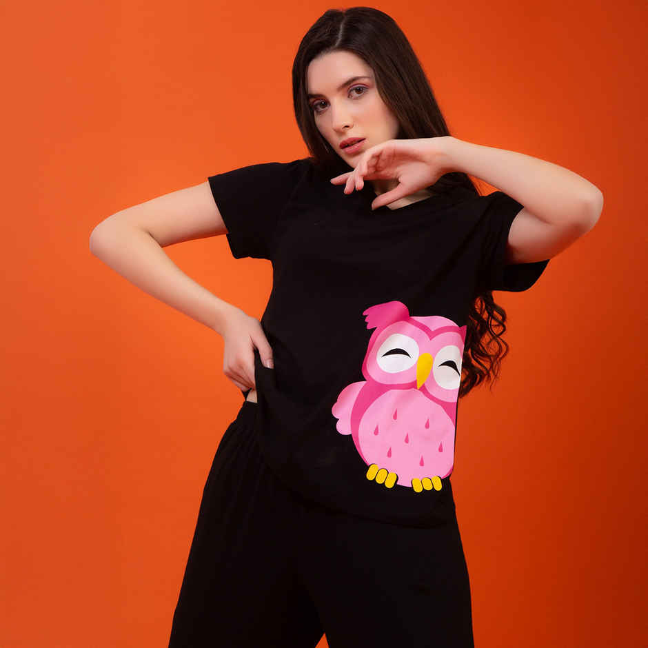 Clovia Owl Print Top & Pyjama - 100% Cotton | Black | S