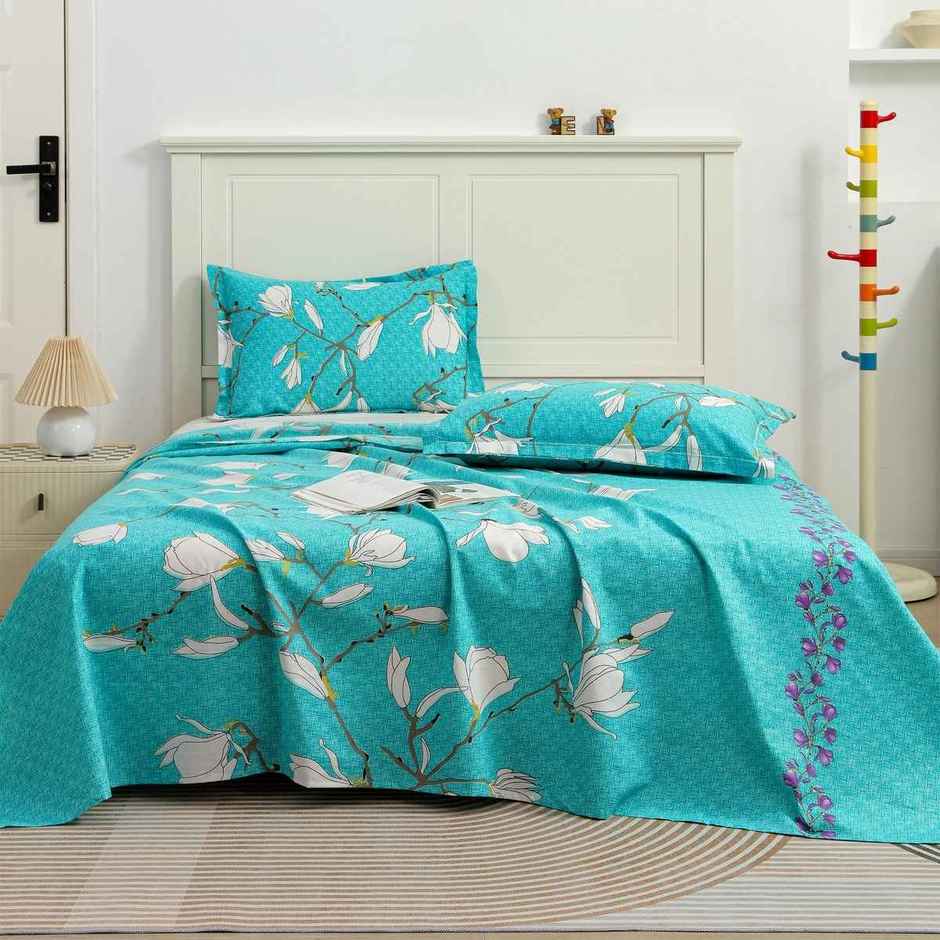 Story@home 144 TC Cotton Double Printed Flat Floral Bedsheet | Aqua Green | 98 x 89 in