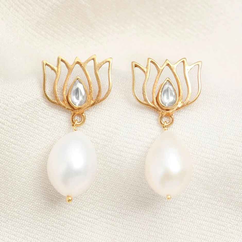 Unniyarcha 92.5 Silver Gold-plated Pearl Drop Lotus Earrings