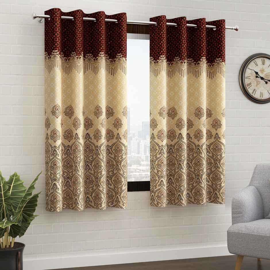 Story@Home 200 GSM Polyester Ethnic 2 Piece Window Curtain | Dark Brown & Ivory