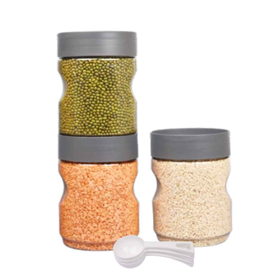 Flair Plastic Stackup Pet Jar Set Of 3 Pcs 1000 ml (Gray), Transparent
