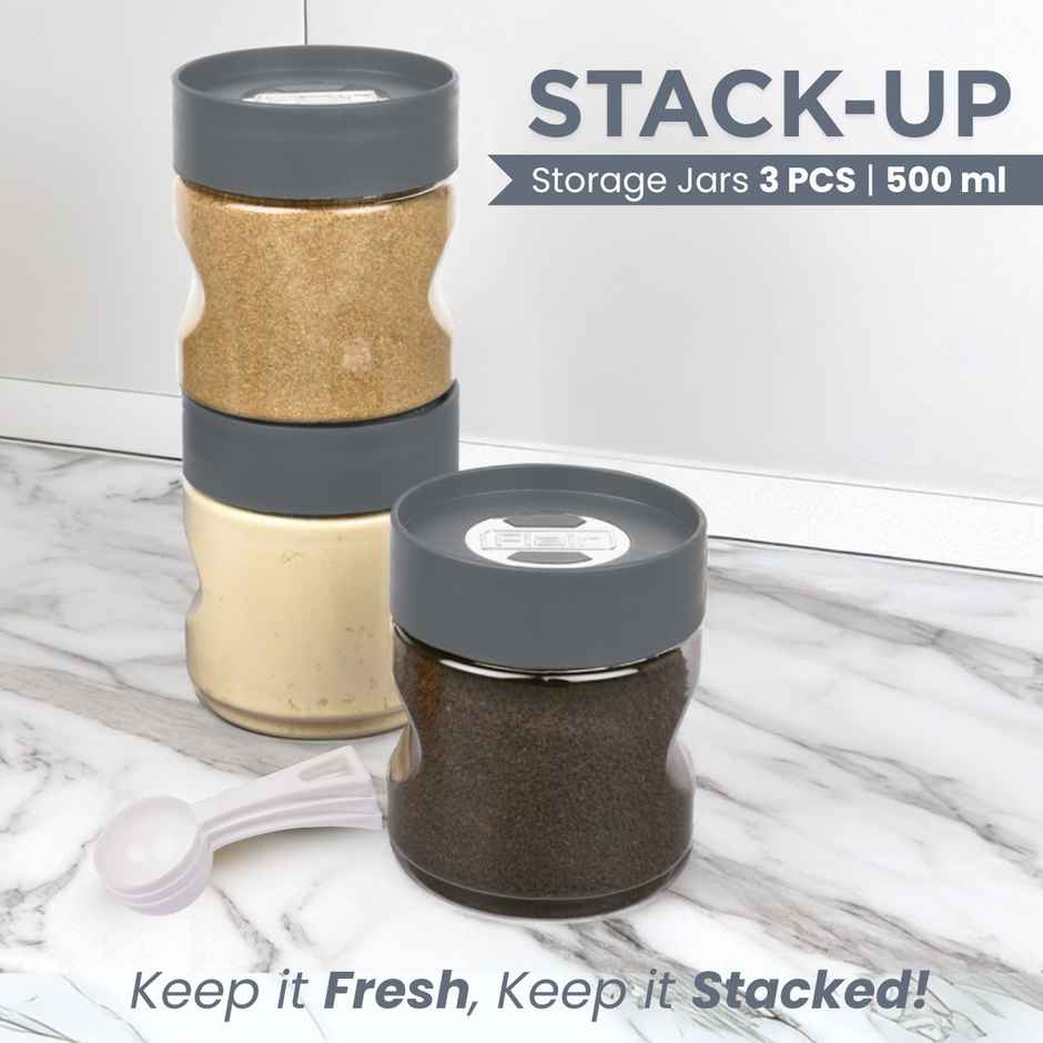 Flair Plastic Stackup Pet Jar Set Of 3 Pcs 500 ml (Gray), Transparent