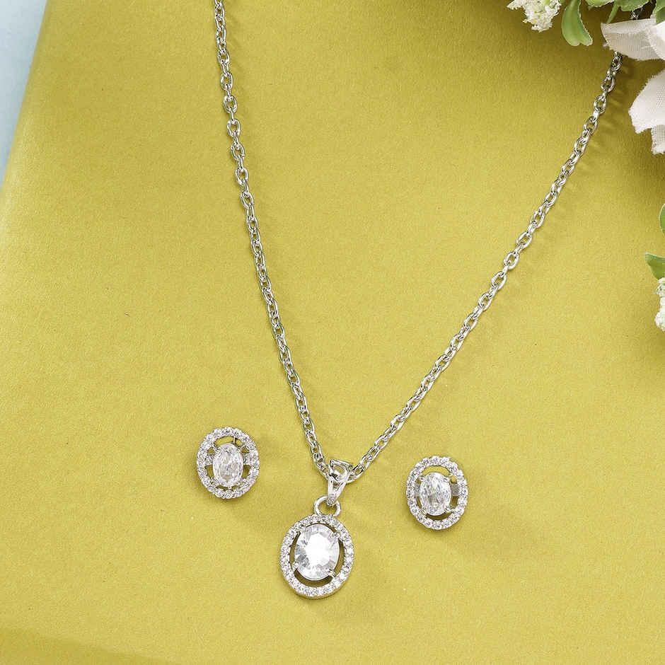 Zeneme Rhodium-Plated American Diamond-Studded Oval Necklace and Earrings For Women & Girls