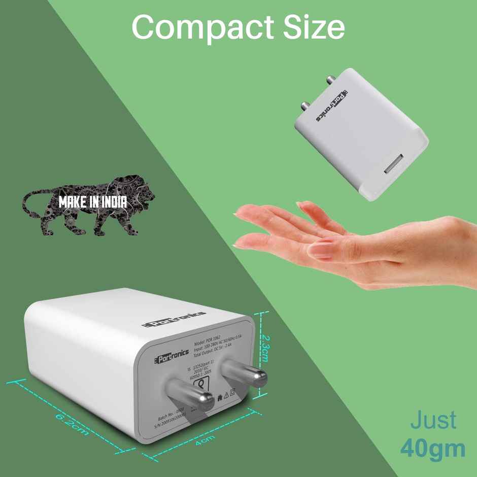 Portronics Adapto 62 POR 1062 USB Wall Adapter with 2.4A Fast Charging Single USB Port(White)