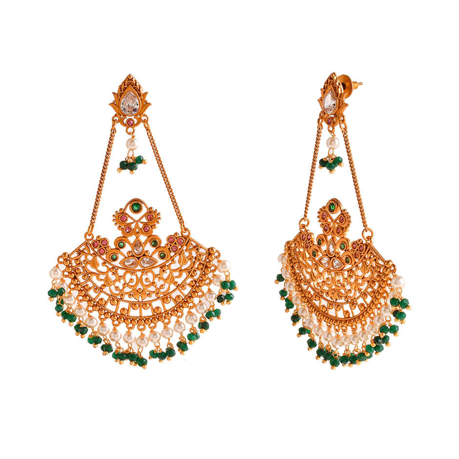 Voylla Abharan Ethnic White Pearls And Green Stones Filigree Earrings