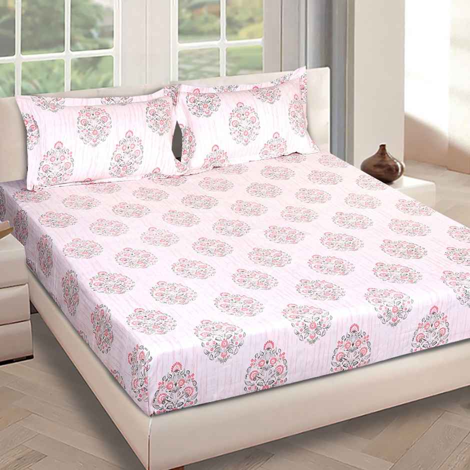 Romee Beautiful Floral Print Polycotton Double Bedsheet King Size with 186 TC - Cream and Green