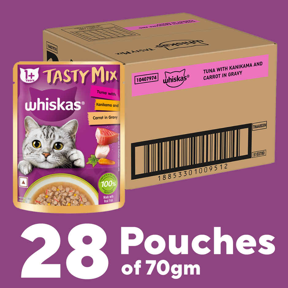 Whiskas Tasty Mix Adult Wet Cat Food, Tuna with Kanikama & Carrot in Gravy