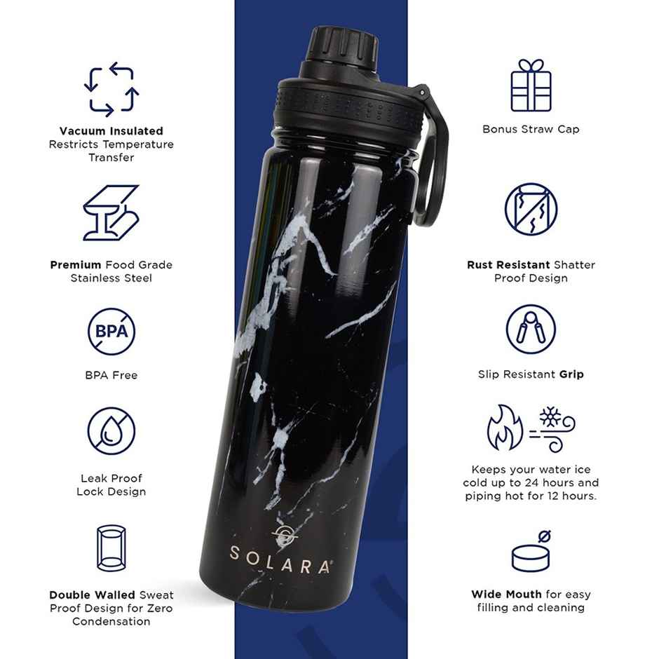 Solara Stainless Steel Insulated Water Bottle For | Black | 650 ml