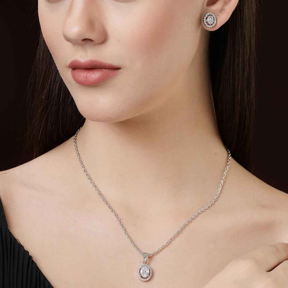 Zeneme Rhodium-Plated American Diamond-Studded Oval Necklace and Earrings For Women & Girls
