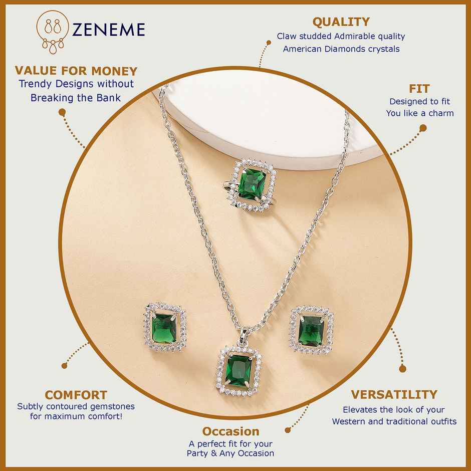 Zeneme Rhodium Plated AD Studded Princess Cut Crytsal Green Necklace Earrings Ring For Women
