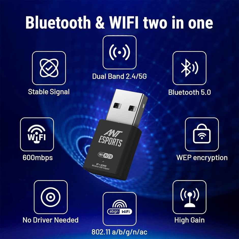 Ant Esports AE600B 600 Mbps Wi-Fi + Bluetooth USB 2.0 Mini Dongle | 2.4 and 5Ghz | WiFi 5 802.11AC