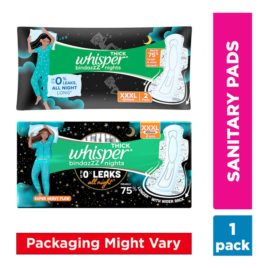Whisper Bindazzz Nights 2 Sanitary Pads, Upto 0% Leaks All Night Long | XXXL | 2 pcs