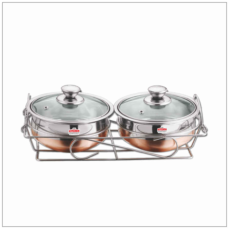 Kitchen Essentials Stainless Steel 2Pc Copper Handi Set With Glass Lid + Copper Stand (14Cm + 14Cm)