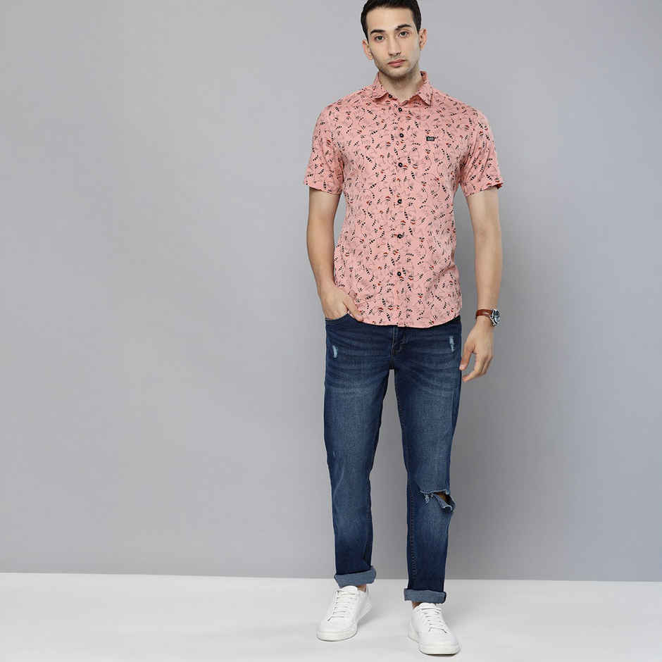 The Indian Garage Co Men's Slim Fit Animal Print Casual Half Sleeve Shirt | Pink - XL