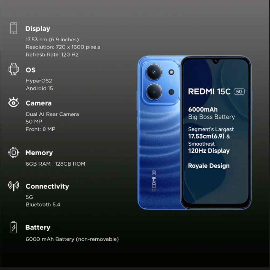 Redmi 15C 5G Smartphone | 6GB RAM | 128GB Storage | 6.9 inch Display | 5G | Moonlight Blue