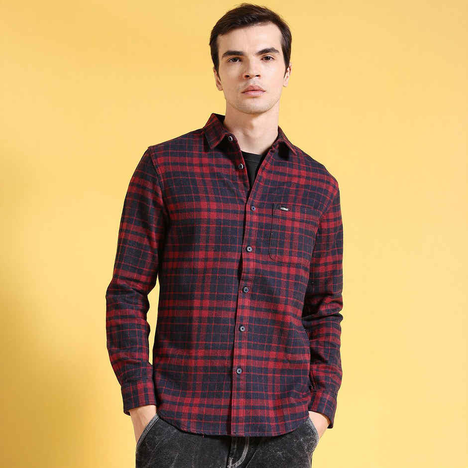 The Indian Garage Co Men's Slim Fit Checkered Casual Shirt | Navy Blue - XL