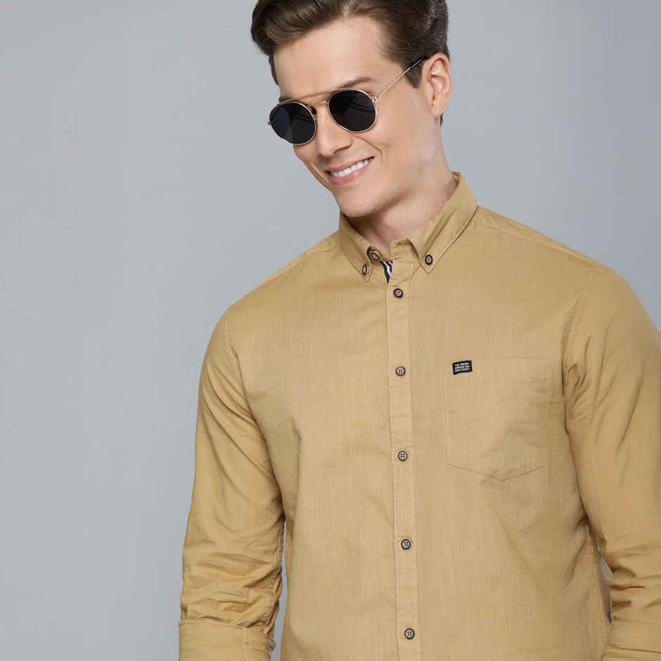 The Indian Garage Co Men's Slim Fit Solid Casual Shirt | Khaki - M