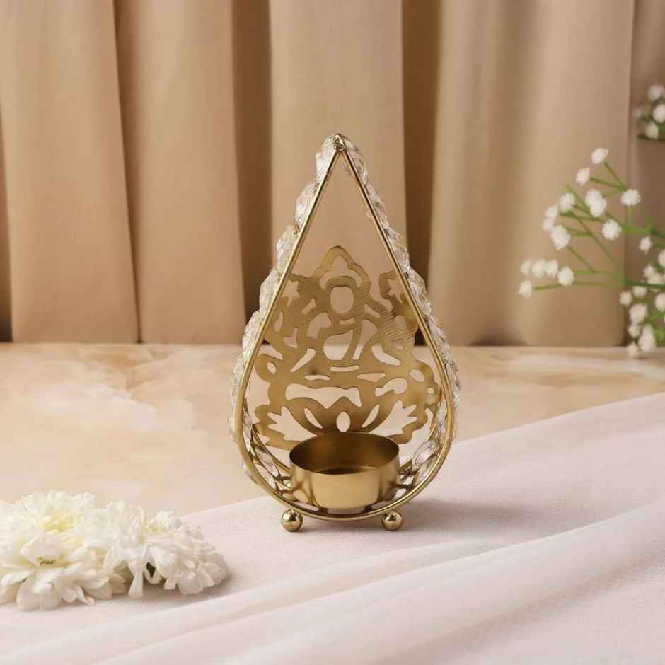 Crystal Laxmi Ji Tealight Candle Holder for Home Decor | Iron | Gold | Urban Born
