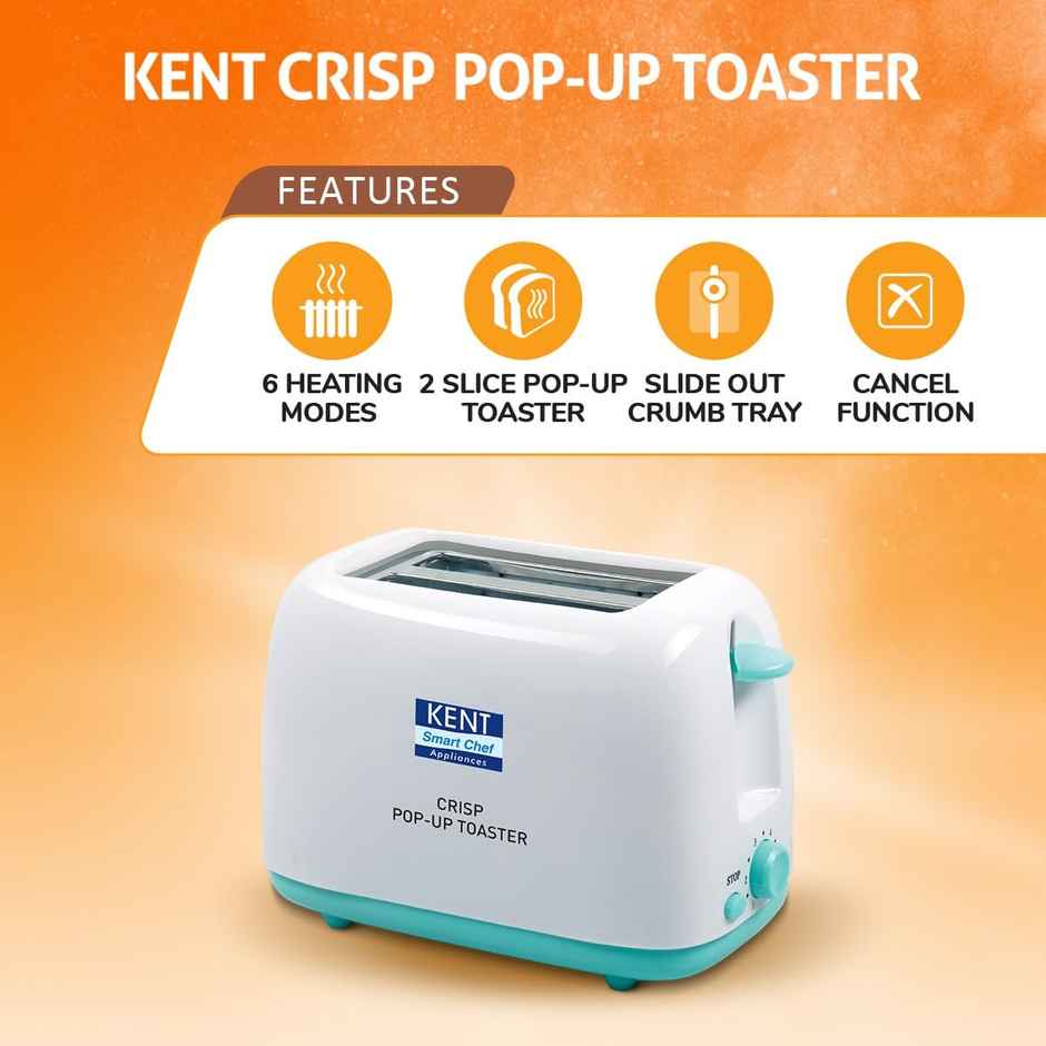Kent 16105 Crisp Pop Up Toaster 650 Watts | 2 Slice Automatic Pop Up Electric Toaster - White