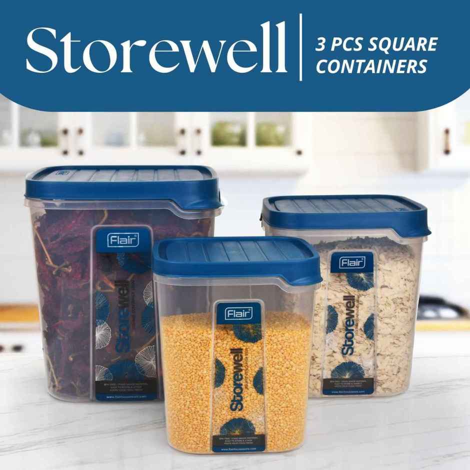 FLAIR Plastic Storewell Square Food Storage Containers Set | Blue - 6 L, 8 L & 12 L