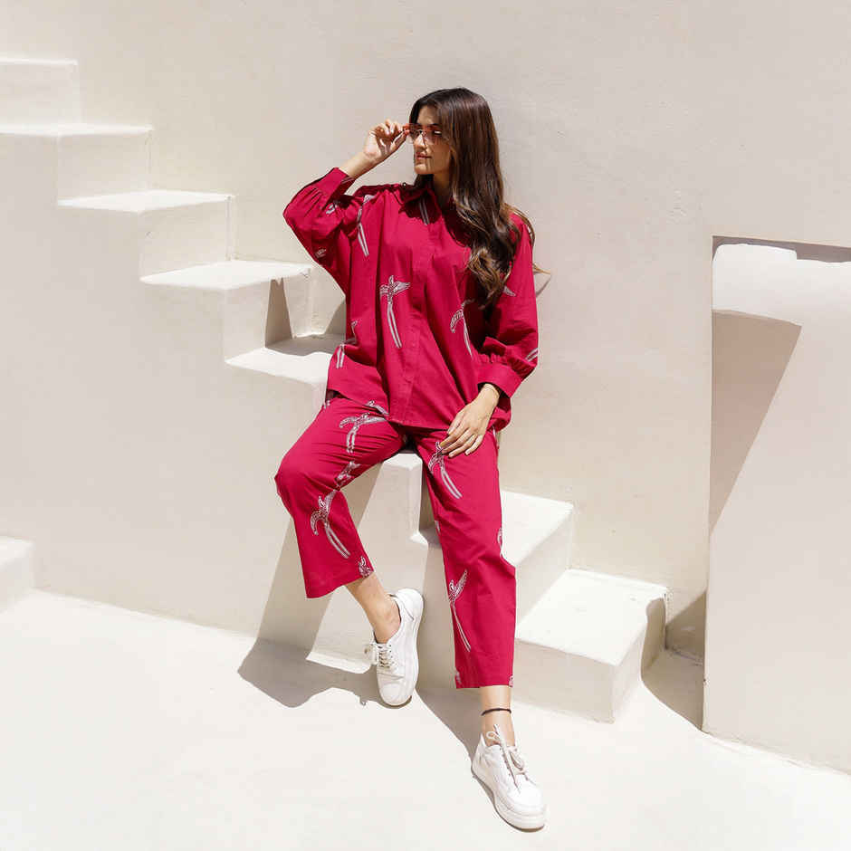 Sanskrutihomes Conversational Printed Pure Cotton Night Suit | Red - L