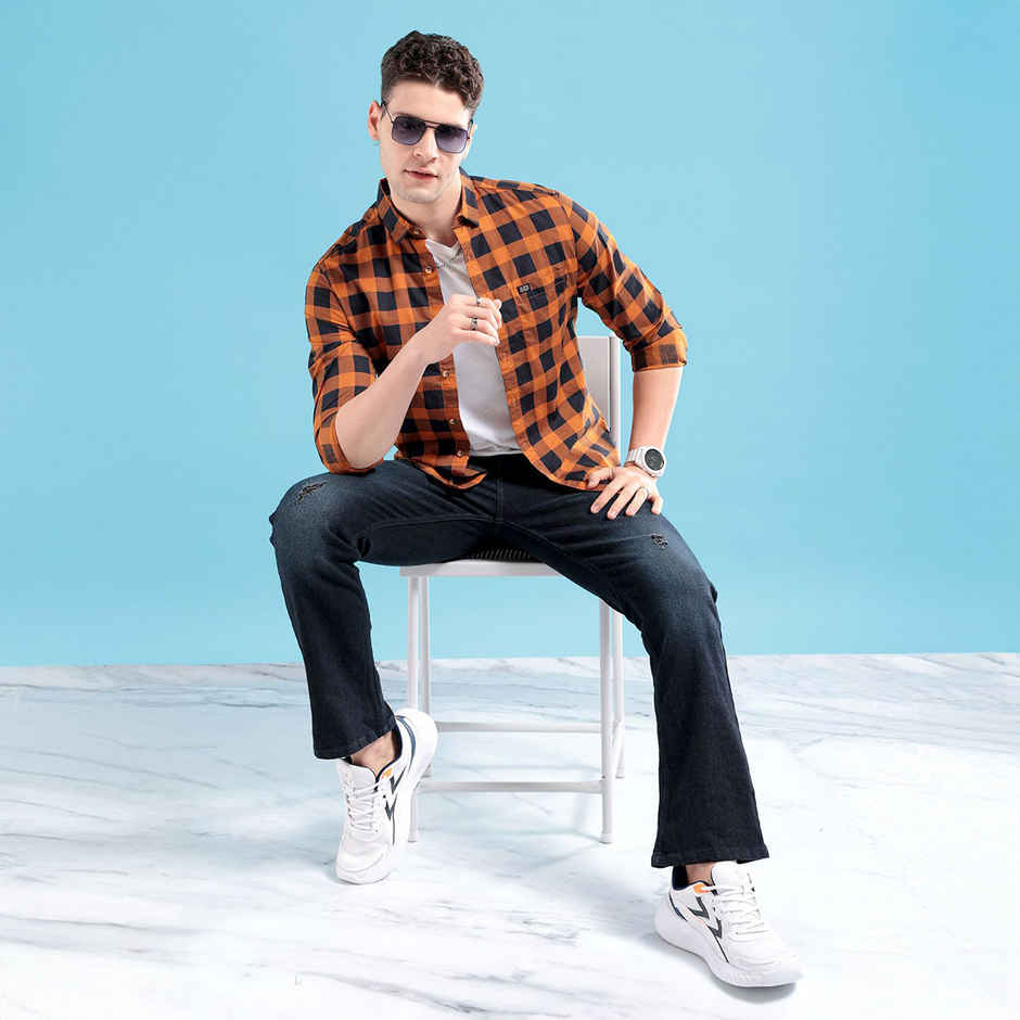 The Indian Garage Co Men's Slim Fit Checkered Casual Shirt | Mustard - S