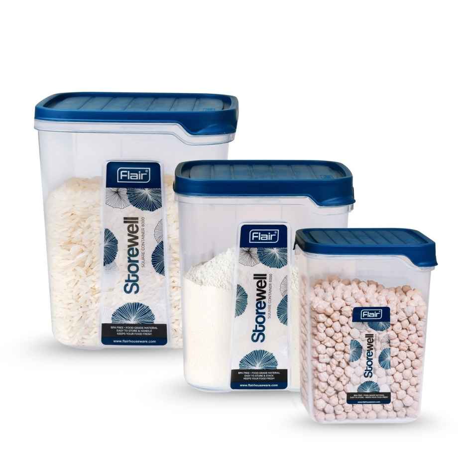 FLAIR Plastic Storewell Square Food Storage Containers Set | Blue - 2400 ml, 6 L & 8 L