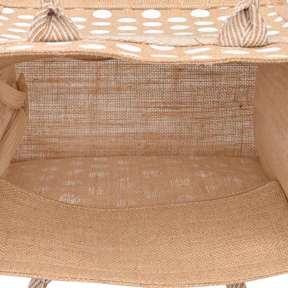 Jute Cottage Carry Bag - Polka Dot Zipper Lunch Bag | Eco-friendly | Natural | 12 x 12 x 7