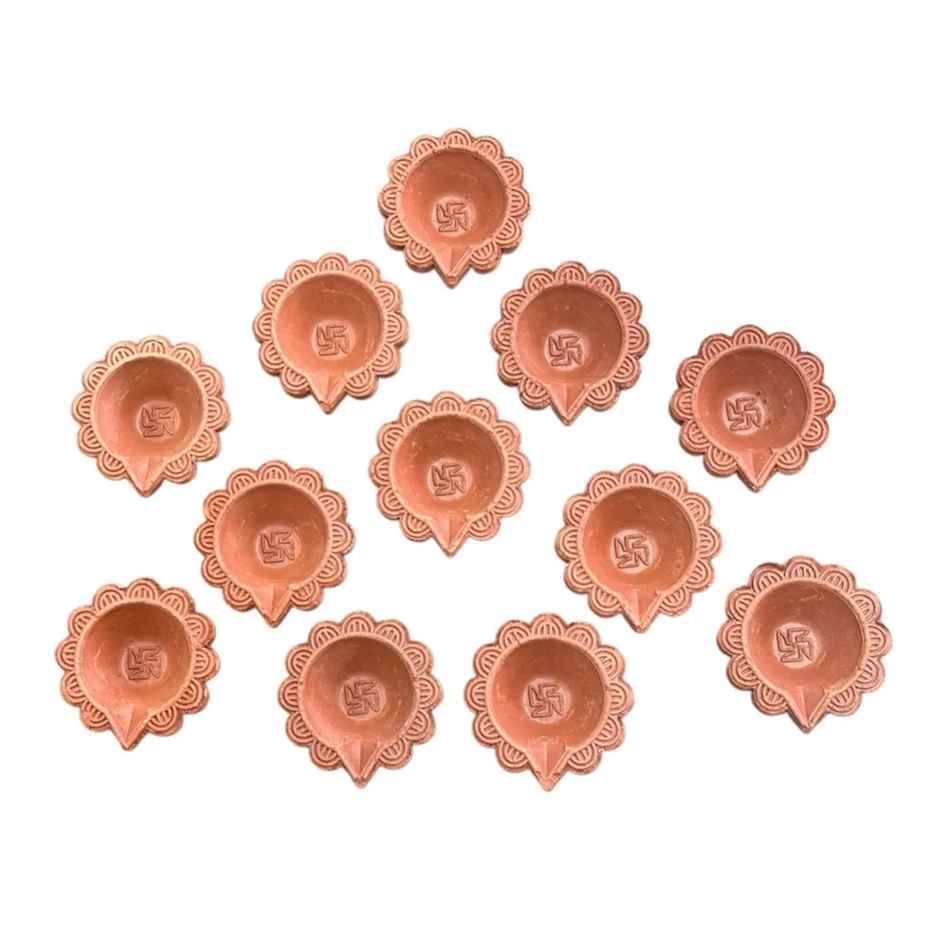 Crafted Pushp Swastik Mitti Diya | Pack of 12 | Clay Diya | DiaCraft
