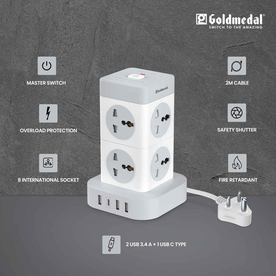 Gold Medal Turbomax 8+4 Extension Board | 8 Universal Sockets with Safety Shutter | 3 USB & 1 USB-C Port | Master Switch with Indicator | 2-Meter Extension Cord