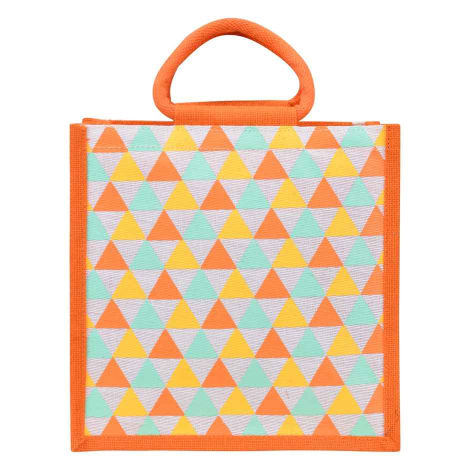 Jute Cottage Carry Bag - Triangle Print Zipper Lunch Bag | Eco-friendly | Orange | 12 x 12 x 7.5