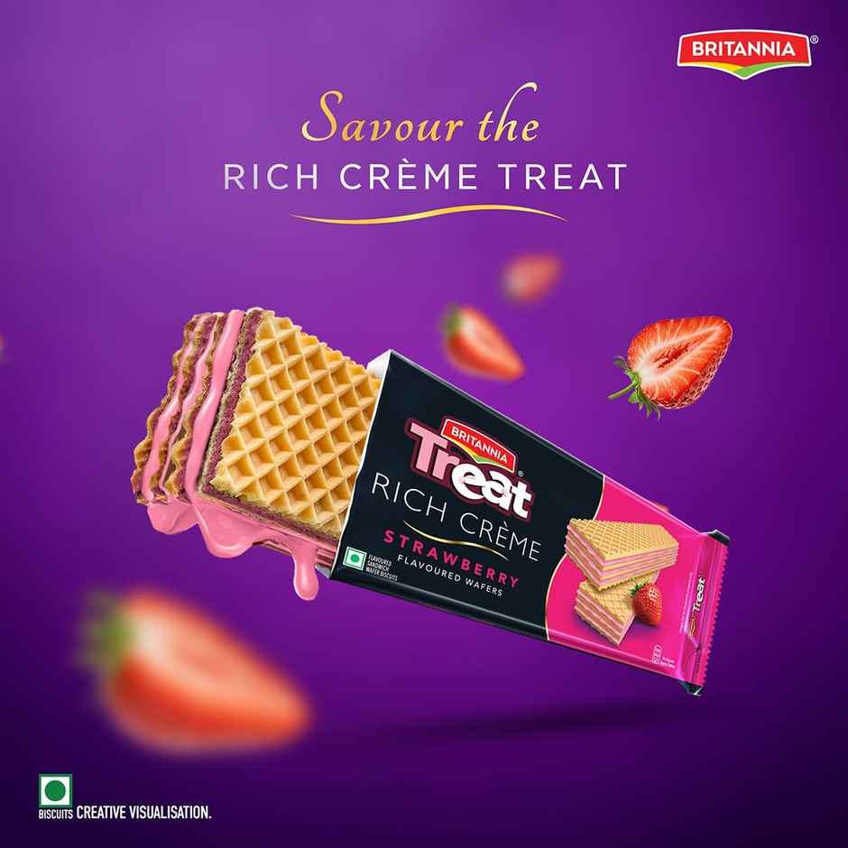 Britannia Treat Rich Creme Strawberry Flavoured Wafers | Light Crispy Fruity Snack