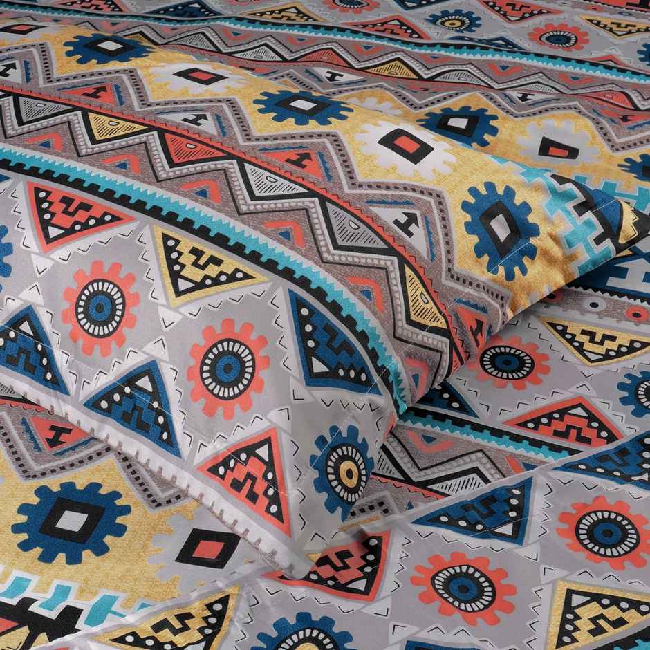 Story@home 240 TC Microfiber Double Printed Flat Bedsheet Beige & Grey | Aztec