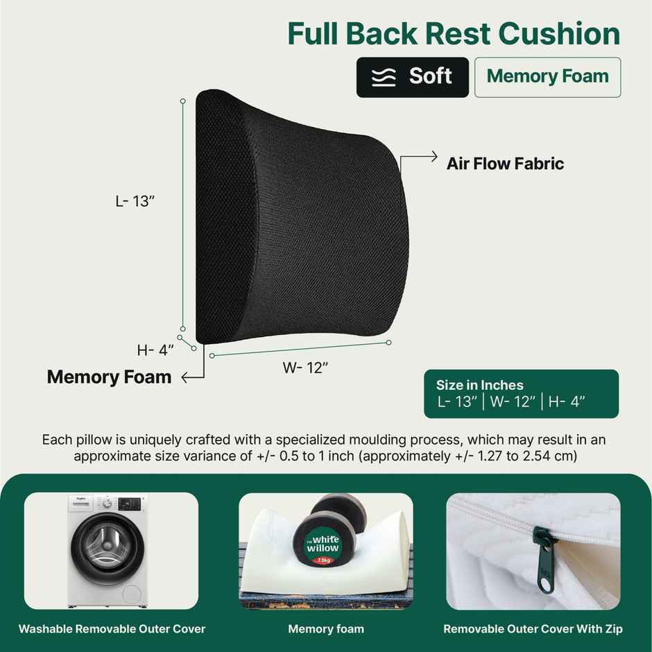 The White Willow Lumbar Back Support Pillow | Ergonomic Memory Foam Cushion - Black