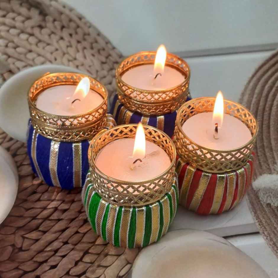 Gota Drum T Light Holders | Pack Of 4 | Glass and Metal | Assorted | Gullak