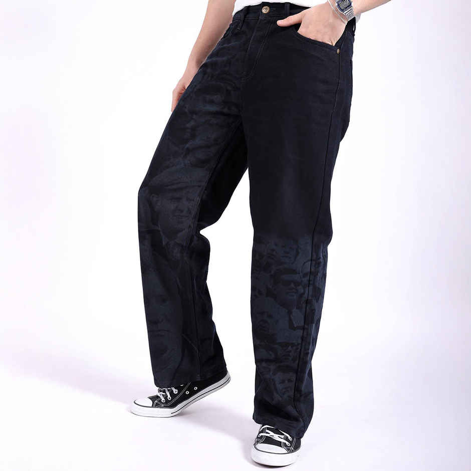 The Indian Garage Co Men's Baggy Fit Photo Print Casual Jeans | Dark Blue | 34