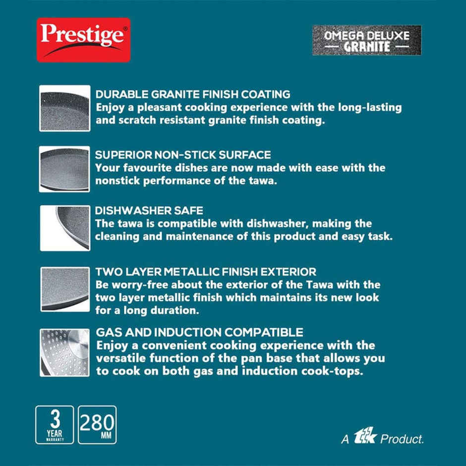 Prestige Omega Deluxe Aluminium Non-Stick Granite Cookware Omni Tawa 28cm,Stain Free Interior,Black