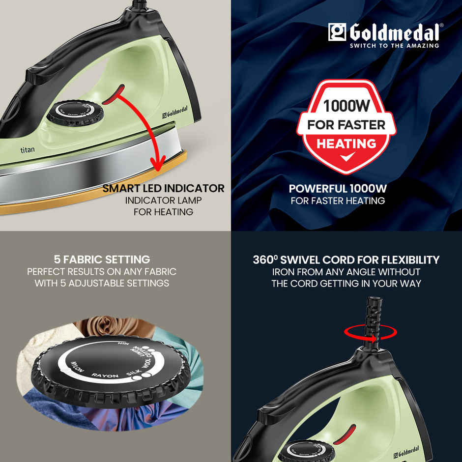 Goldmedal Titan 1000W Dry Iron with 5 Fabric Setting, 1.5KG Heavy Weight | Mint Green
