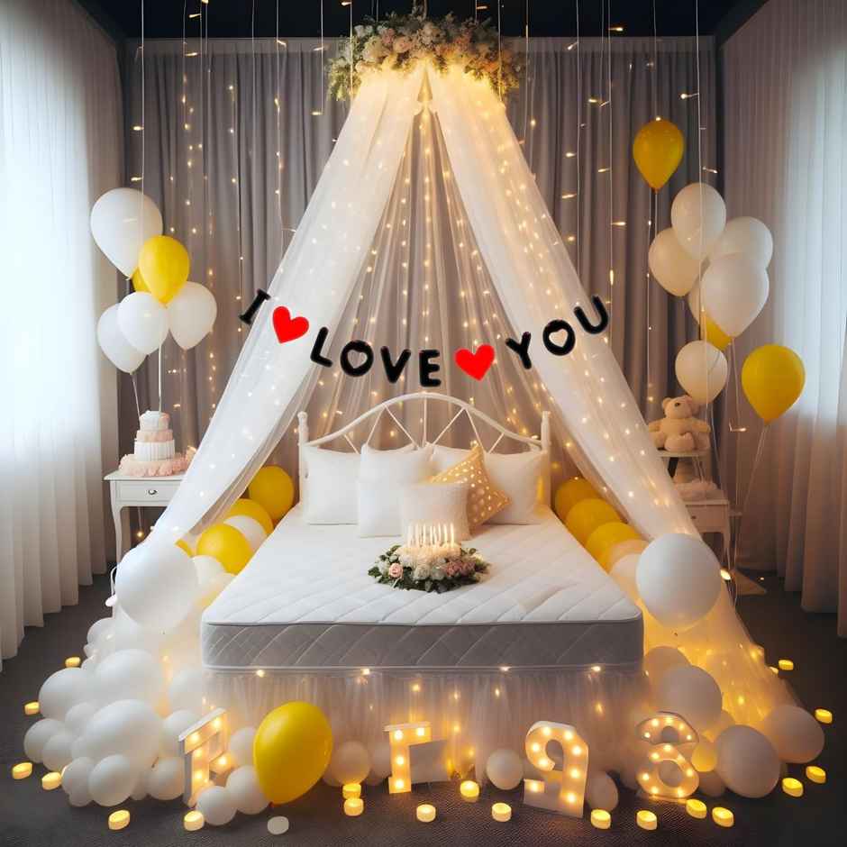 Romantic Decoration Kit | I Love You Banner, Balloons, Net Curtain, LED Light | Hemito