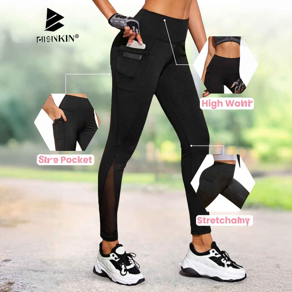 Blinkin Women's Gym Pants & Tights - Black | Workout | With Mesh Insert & Side Pockets | M