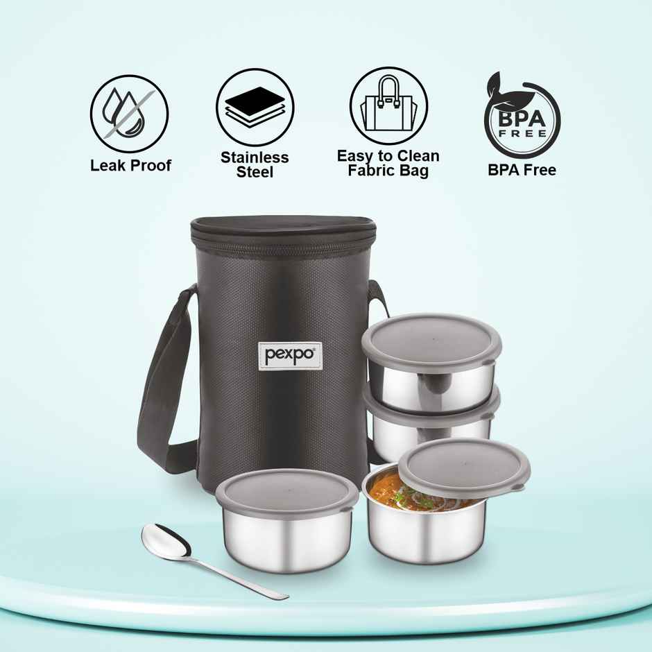 Pexpo Stainless Steel Lunch Box With 4 Air-Tight Containers, 1 Spoon & Bag, Eco Pro 4