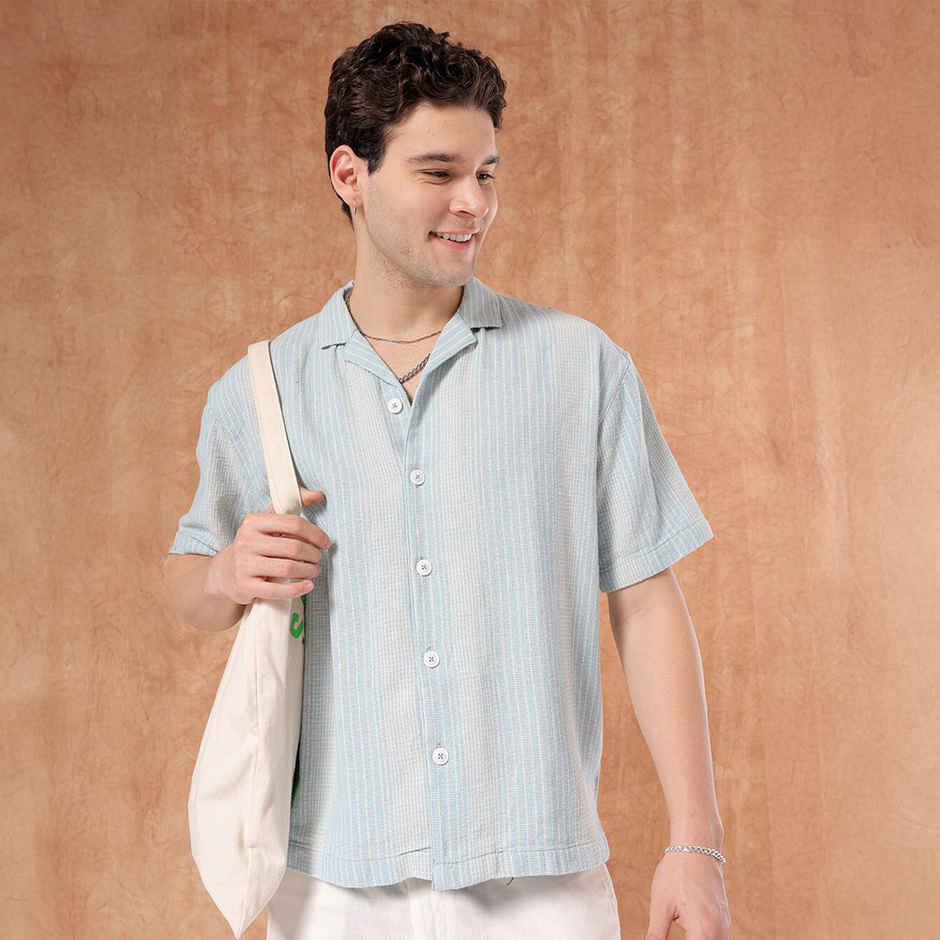 The Indian Garage Co Men's Relaxed Fit Striped Resort Half Sleeve Shirt | Blue - S