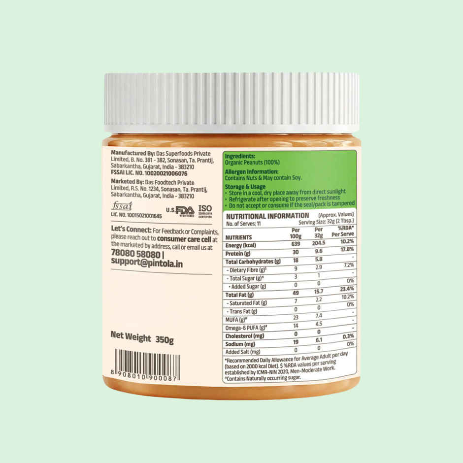 Pintola Organic Unsweetened Peanut Butter Creamy