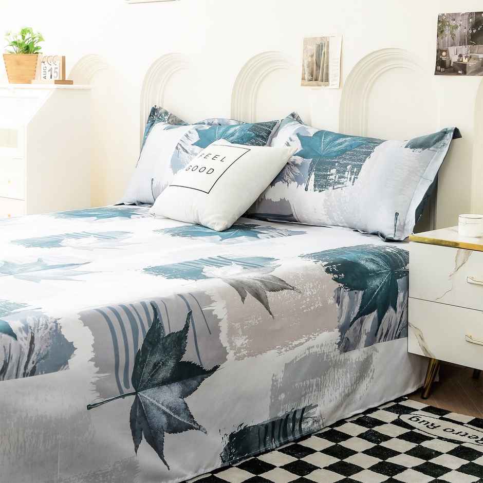 Story@home 240 TC Microfiber Double Printed Flat Bedsheet White & Grey | Floral