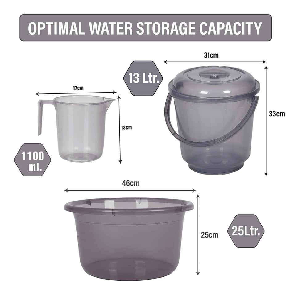 Kuber Industries Tub with Bucket & Mug Bathroom Combo Set|Set of 3|Transparent Gray