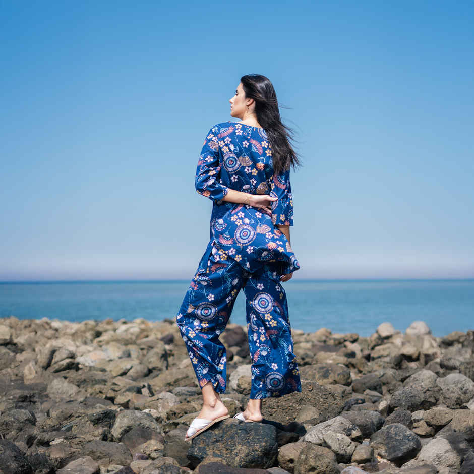 Sanskrutihomes Ethnic Motif Pure Cotton Top & Trouser Co-Ord Set | Navy Blue - XL