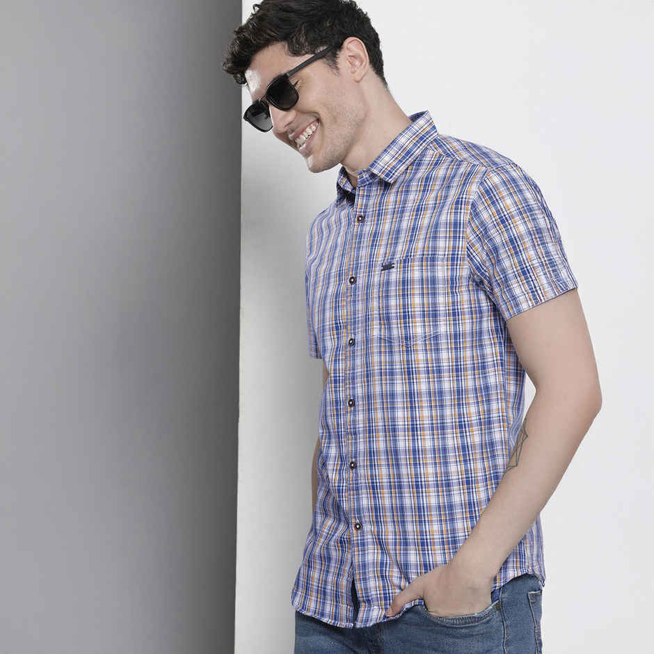 The Indian Garage Co Men's Slim Fit Checked Casual | Blue | M