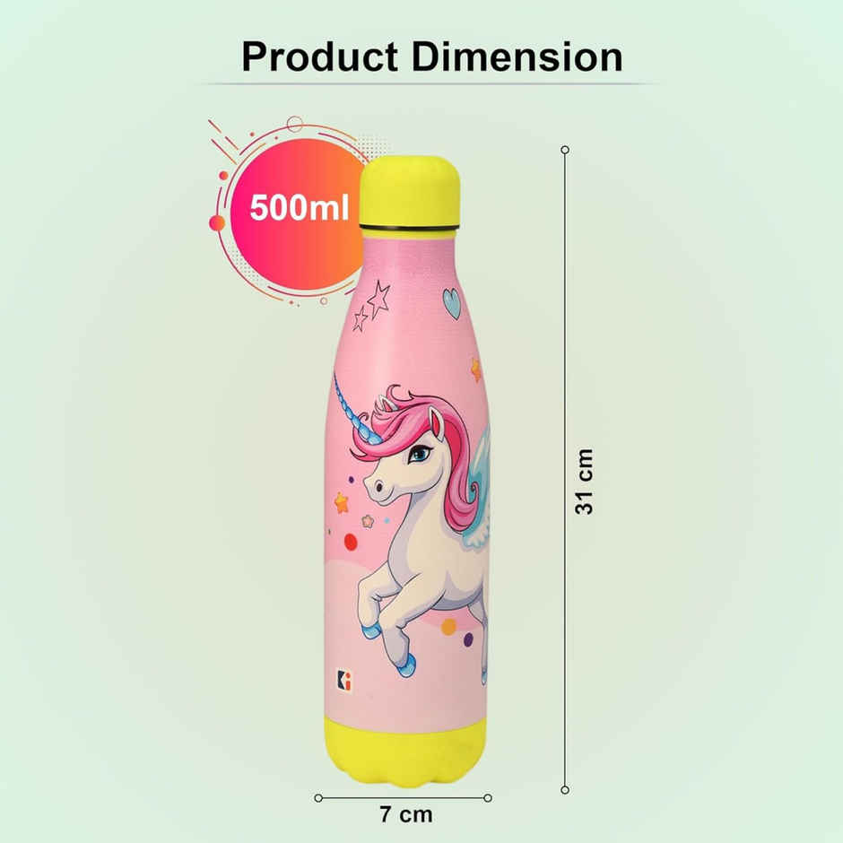 Kuber Industries Unicorn Rainbow 500 ml Insulated Sipper Water Bottle with 2 Lids & Straw | Pink