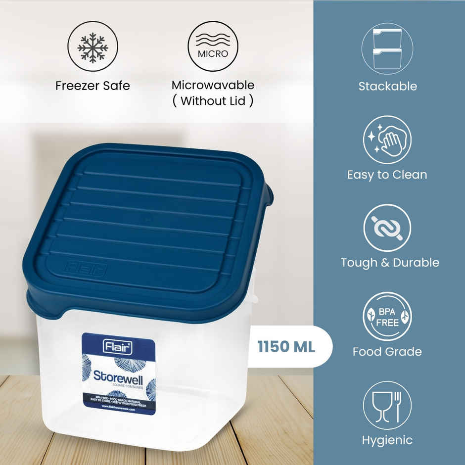 Flair Plastic Storewell Square Food Storage Containers 1150Ml - Set Of 3, (Blue), Food Grade