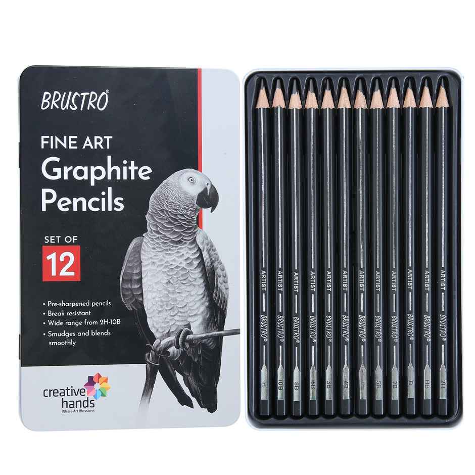 Brustro Artists Fine Art Graphite Pencil Set Of 12 | 10B - 2H | Tin Box